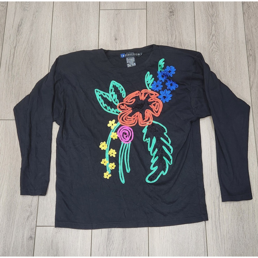 Vintage‎ 1989 IB Diffusion Black Floral Rope Embroidered Beaded Top Small Womens
